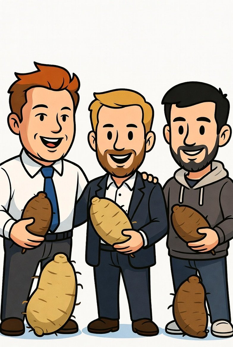 Elon, Saylor and Vitalik holding yams happily