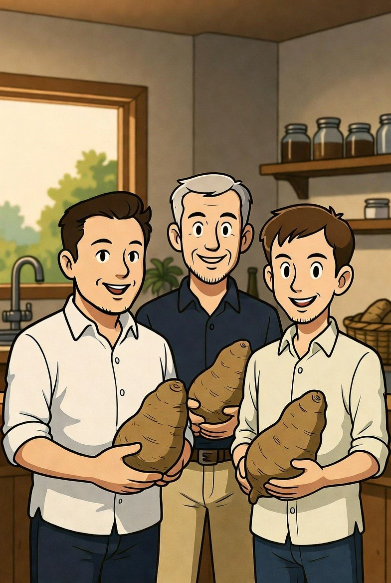 Elon, Saylor and Vitalik in kitchen holding yams