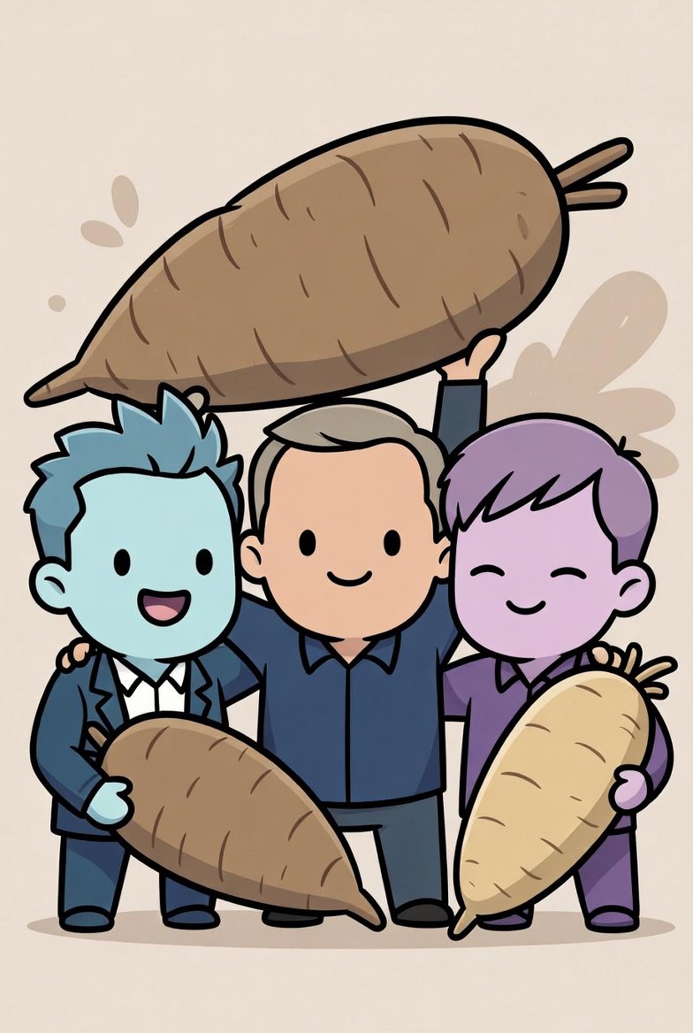 Chibi Elon, Saylor and Vitalik with yams